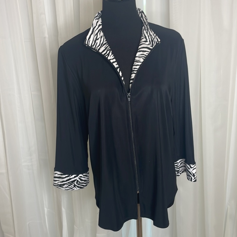 Black with zebra stripe collar & sleeve end, by Creative Design Works, size L